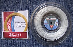 Two different tennis strings of lengths 12m (left), and 200 m (right)