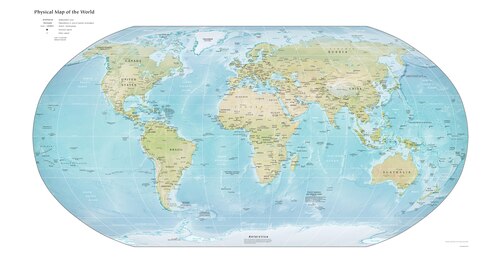 Map of Earth showing both physical features and political boundaries from the 2023 CIA World Factbook[Note 1]