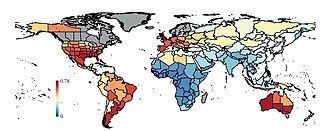 The proportion of extinct large mammal species (more than or equal to 10 kg (22 lb)) in each country during the last 132,000 years, only counting extinctions earlier than 1000 years BP (Note, Gray Areas on continents indicate land entirely covered in Glacial Ice at the time, and on islands, that man had not yet reached by this time ie no data either way)