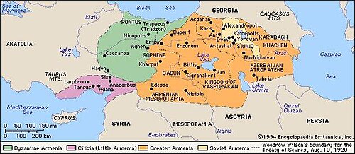 Historical Armenia according to Encyclopædia Britannica. The territory of Greater Armenia is highlighted in orange, Byzantine Armenia in green, Cilician Armenia in purple, and the territory of Soviet Armenia and modern Armenia in yellow.