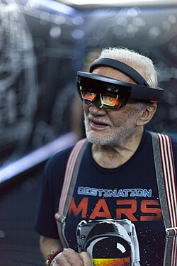 Apollo 11 astronaut Buzz Aldrin using a Microsoft HoloLens mixed reality headset in September 2016