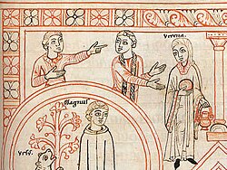 12th-century miniature from the Zwiefalter Chorbuch, showing Verena holding a jar and a plate
