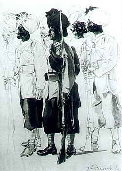30th Regiment (3rd Belooch Battalion) Bombay Infantry. Watercolour by AC Lovett 1890.