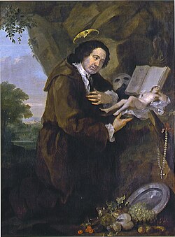 Portrait by William Hogarth from the late 1750s, parodying Renaissance images of Francis of Assisi. The bible has been replaced by a copy of the erotic novel Elegantiae Latini sermonis, and the profile of his friend Lord Sandwich peers from the halo.[d]