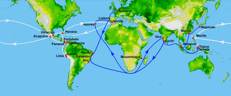 Portuguese India Armadas and trade routes (blue) since Vasco da Gama's 1498 journey and the Spanish Manila-Acapulco galleons trade routes (white) established in 1568