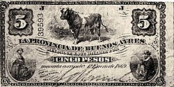 "Cinco pesos" moneda corriente banknote, issued 1869