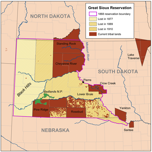 Map showing the Great Sioux Reservation and current reservations in North and South Dakota