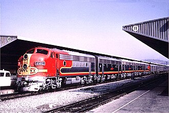The Atchison, Topeka and Santa Fe Railway's combined Super Chief-El Capitan pulls into Los Angeles's Union Passenger Terminal on September 24, 1966.