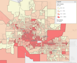 Percent of people living in poverty across metro Phoenix; the darker the red, the higher the concentration of poverty.[143]