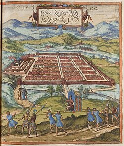Map showing the city of Cusco during the Inca Empire. Painting of 1565 by Giovanni Battista Ramusio.[25][26][27]