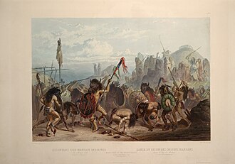 Buffalo Dance: "Bison-Dance of the Mandan Indians in front of their Medecine Lodge in Mih-Tutta-Hankush": aquatint by Karl Bodmer from the book "Maximilian, Prince of Wied's Travels in the Interior of North America, during the years 1832–1834"
