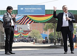 Morales with Argentine president Alberto Fernández in the Argentinian border town of La Quiaca (close to Bolivia's Villazón) on November 2020. Morales returned to Bolivia shortly thereafter.