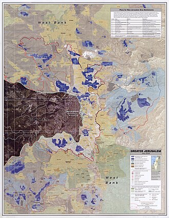 Greater Jerusalem, May 2006. CIA remote sensing map showing areas considered settlements, plus refugee camps, fences, walls, etc.