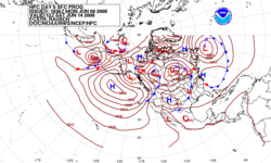 Forecast of surface pressures five days into the future for the north Pacific, North America, and north Atlantic Ocean.