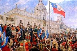 Bernardo O'Higgins, erroneously depicted attending the declaration of Chilean independence.[19]