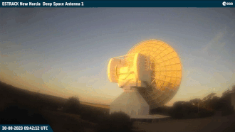 An ESA radio telescope located at the New Norcia Station, Western Australia, tracking the "super blue moon" of August 30, 2023. The blue colour is an effect of the camera.[25]