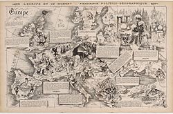 Europe at This Moment (1872) – A Political-Geographic Fantasy: An elaborate satirical map reflecting the European situation following the Franco-Prussian war. France had suffered a crushing defeat: the loss of Alsace and parts of Lorraine; The map contains satirical comments on 14 countries