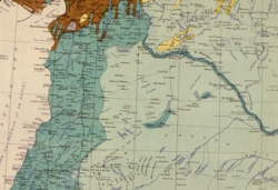 Ethnographical map of Syria and Lebanon in a pre-World War I ethnographical map. The blue color represents Arabs, brown Turks, green Armenians, and yellow Kurds.