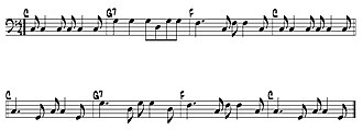 In this typical reggae bass line, the roots of the chords are emphasized, with musical interest created by going from the root down to the fifth of the chord. A dotted quarter note and eighth note rhythm is used repeatedly.