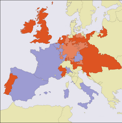 Participants in the War of the Spanish Succession in 1703: Pro-Habsburg (orange) and Pro-Bourbon (lavender)