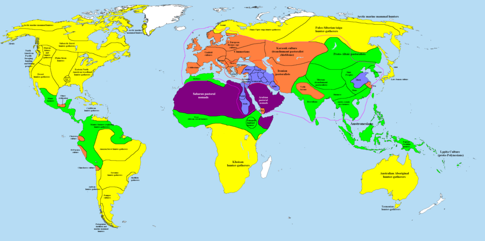 Overview map of the world at the end of the 2nd millennium BC, color-coded by cultural stage: Palaeolithic or Mesolithic hunter-gatherers nomadic pastoralists simple farming societies