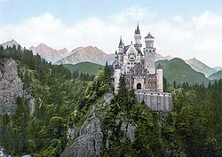 An 1890s photochrom print of Castle Neuschwanstein. This castle was designed and constructed during the reign of Ludwig II and remains a major tourist attraction in Bavaria.