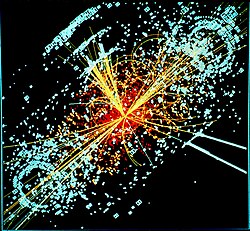 A simulated event in the CMS detector of the Large Hadron Collider, featuring a possible appearance of the Higgs boson