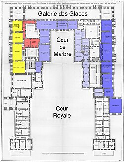 Plan of the main floor in the central part of the palace (c. 1742),[139] showing the grand appartement du roi in dark blue, the appartement du roi in medium blue, the petit appartement du roi in light blue, the grand appartement de la reine in yellow, and the petit appartement de la reine in red