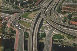 Complex roundabout interchange Kleinpolderplein in Rotterdam, the Netherlands. NL-ZH 51°55′53″N 4°26′19″E / 51.931498°N 4.438479°E