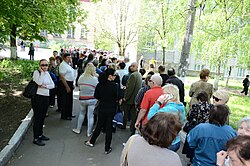 Donetsk status referendum organized by separatists in Ukraine. A line to enter a polling place, 11 May 2014