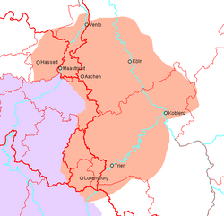 Extent (orange) of the region where a pitch accent was historically used in The Benelux, France and Germany