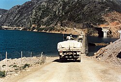 Dutch UN transport battalion crossing a pontoon bridge over the river Neretva from the M17 towards the west.