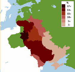 Map showing percentage of Jews in the Pale of Settlement in the Russian Empire c. 1905