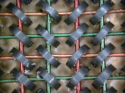 Magnetic-core memory (using magnetic cores) was the computer memory of choice in the 1960s, until it was replaced by semiconductor memory (using MOS memory cells).