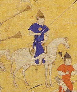 Timur on horse in a battle with Tokhtamysh, Khan of the Golden Horde. 1420–1440 manuscript (partially colored), possibly Herat. Topkapi H.2153