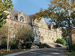 Gibson Hall today. Facing historic St. Charles Avenue, it is the entry landmark on the uptown campus.