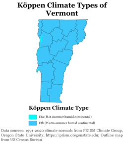 Köppen climate types of Vermont, using 1991–2020 climate normals