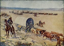 Painting depicting the Bullock wagons moving over the billowy plains, 2 January 1860