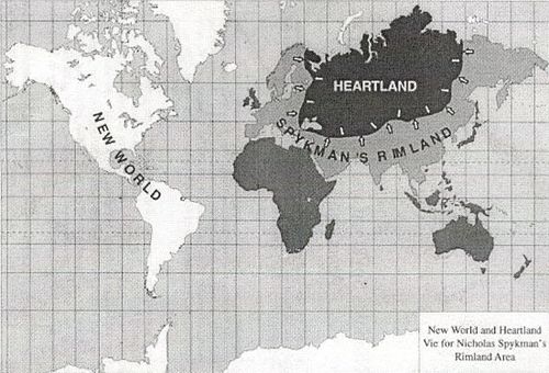 World map with the concepts of Heartland and Rimland applied