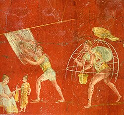 Workers at a cloth-processing shop, in a painting from the fullonica of Veranius Hypsaeus in Pompeii