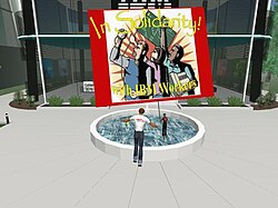 A still from the Second Life virtual strike with caption "In Solidarity with IBM workers"