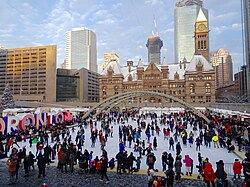 Nathan Phillips Square is the city's main square. The square includes a reflecting pool that is converted into an ice rink during the winter.