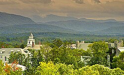 Old Chapel of Middlebury College with the Green Mountains in the distance
