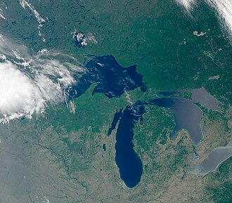 Lakes Superior, Michigan, Huron, and Erie, photographed from the Sentinel-3B satellite in June 2022, Lake Ontario is not visible in this image.