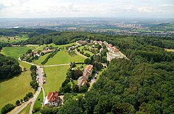 Basel (in the upper left corner) as seen from Bettingen (television tower St. Chrischona) facing France