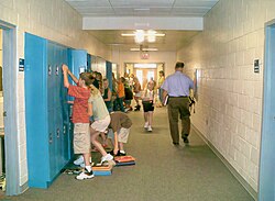 Public middle school students in a school hallway in North Carolina