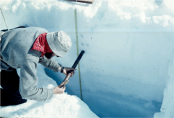 Snow pit on the surface of a glacier, profiling snow properties where the snow becomes increasingly dense with depth as it turns to ice