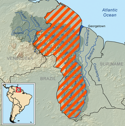 The disputed "Guayana Esequiba" claim area is a territory administered by Guyana and historically claimed by Venezuela.