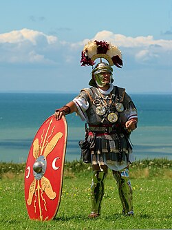 A historical reenactor in Roman centurion costume