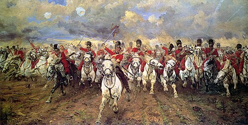 Scotland Forever!, a romanticized painting of the Royal Scots Greys charging at the Battle of Waterloo during the Napoleonic Wars